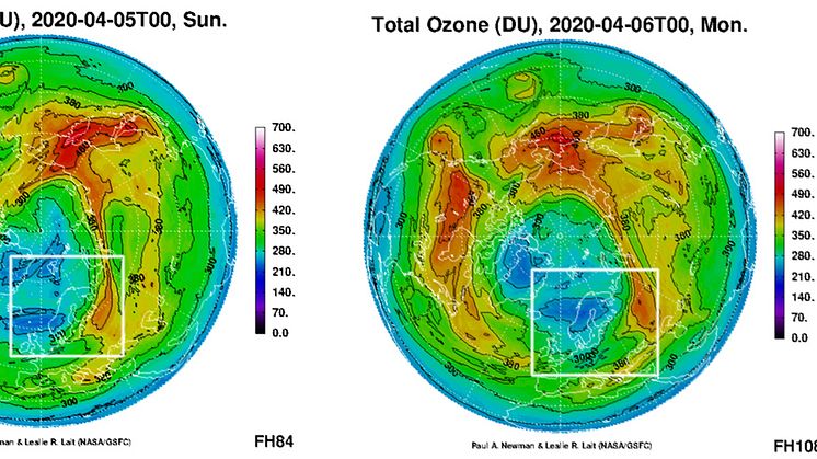 Slik varsler NASA/GSFC at ozonhullet kan være plassert 5. og 6. april. Jo mørkere blå farge, jo mindre ozon i atmosfæren. Skandinavia er markert med en hvit ramme. Kilde: NASA/Goddard Space Flight Center