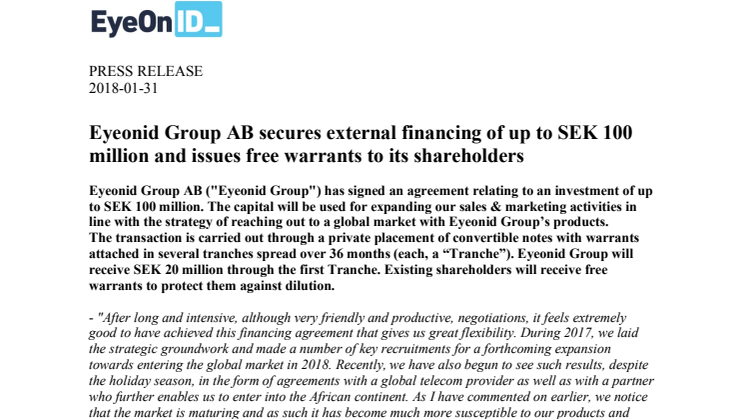 Eyeonid Group AB secures external financing of up to SEK 100 million and issues free warrants to its shareholders