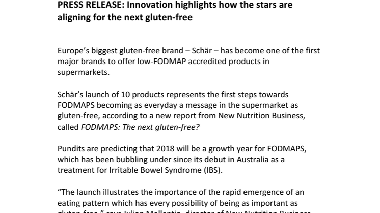 PRESS RELEASE: Innovation highlights how the stars are aligning for the next gluten-free 