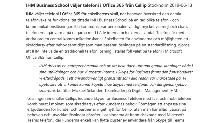 IHM Business School väljer telefoni i Office 365 från Cellip