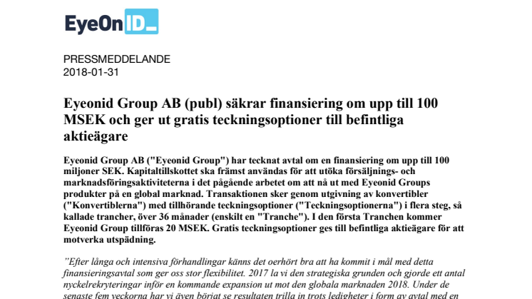 Eyeonid Group AB (publ) säkrar finansiering om upp till 100 MSEK och ger ut gratis teckningsoptioner till befintliga aktieägare