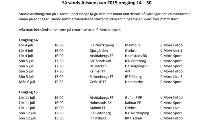 Så sänds Allsvenskan 2015 omgång 14-30.