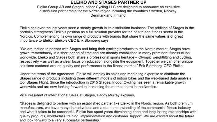 ELEIKO AND STAGES PARTNER UP