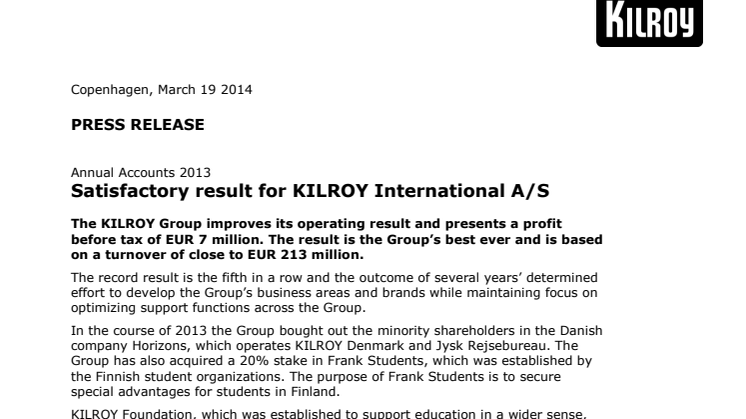 Satisfactory result for KILROY International A/S