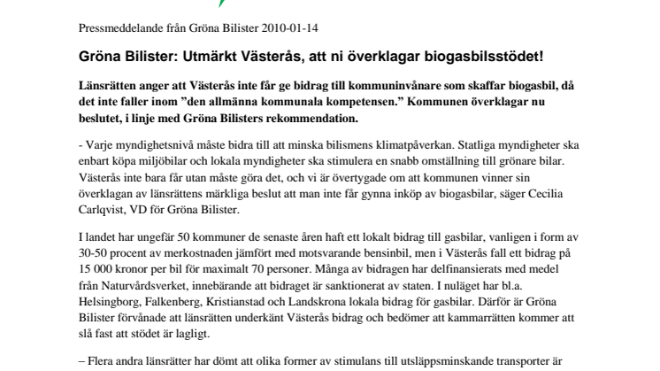Gröna Bilister: Utmärkt Västerås, att ni överklagar biogasbilsstödet!