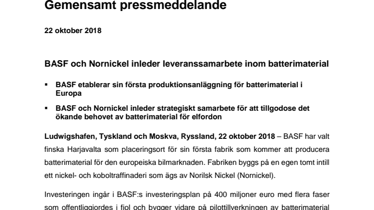 BASF och Nornickel inleder leveranssamarbete inom batterimaterial