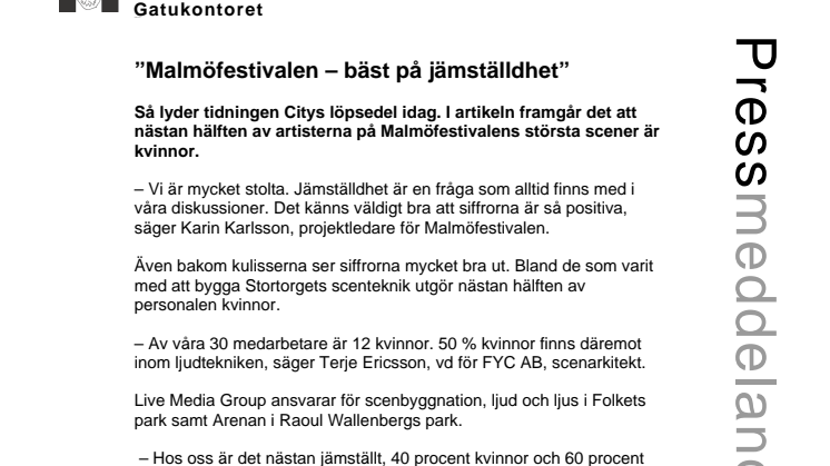 ”Malmöfestivalen – bäst på jämställdhet”.