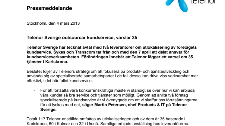 Telenor Sverige outsourcar kundservice, varslar 35
