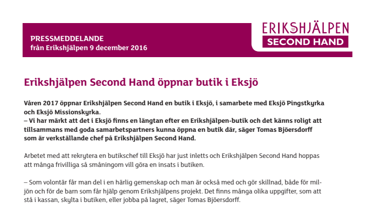Erikshjälpen Second Hand öppnar butik i Eksjö