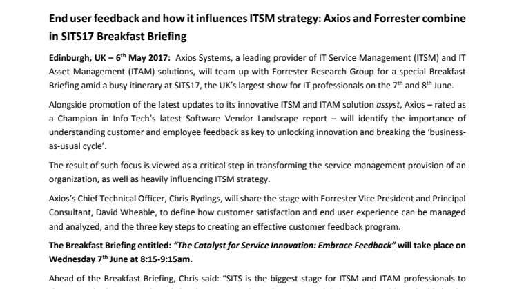 End user feedback and how it influences ITSM strategy: Axios and Forrester combine in SITS17 Breakfast Briefing