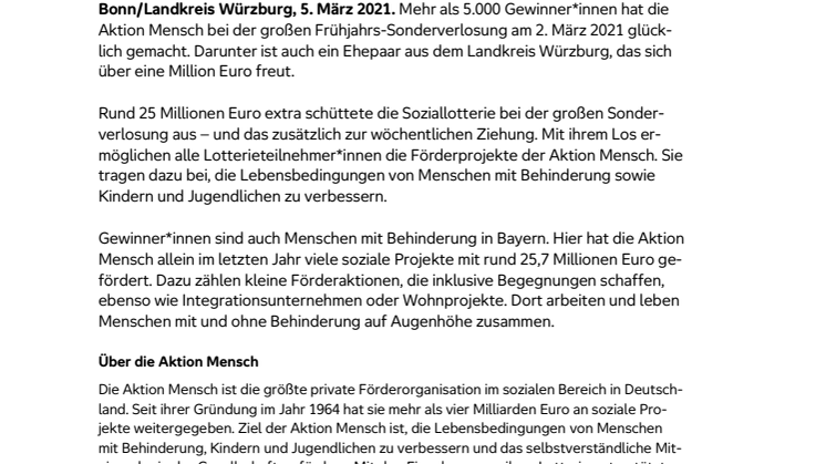 Landkreis Würzburg: Ehepaar gewinnt 1 Million Euro bei der Frühjahrs-Sonderverlosung der Aktion Mensch