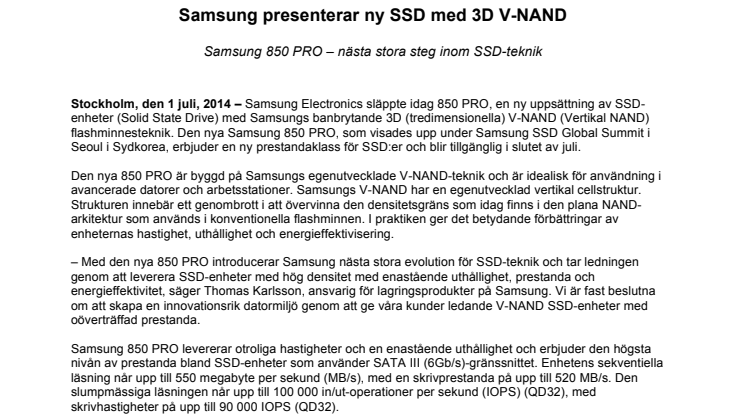 Samsung presenterar ny SSD med 3D V-NAND