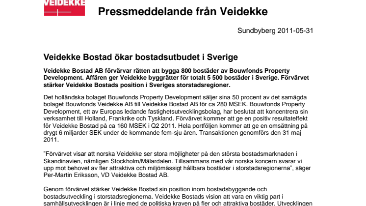 Veidekke Bostad ökar bostadsutbudet i Sverige