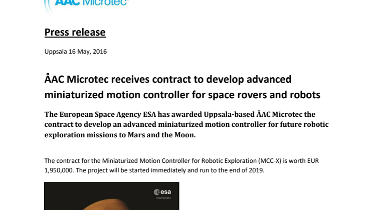 ÅAC Microtec receives contract to develop advanced miniaturized motion controller for space rovers and robots