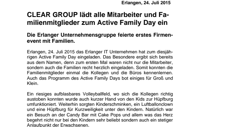 24.07.2015 CLEAR GROUP lädt alle Mitarbeiter und Familienmitglieder zum Active Family Day ein 