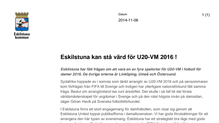 Eskilstuna kan stå värd för U20-VM 2016 !