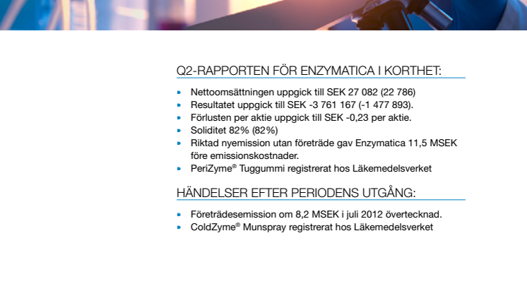 Kvartalsrapport för Enzymatica AB_2012-04-01 till 2012-06-30