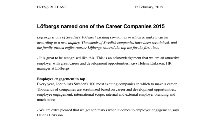 Löfbergs named one of the Career Companies 2015