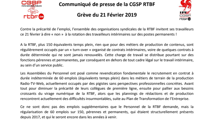 RTBF : Communiqué de presse pour la grève du 21 février 2019