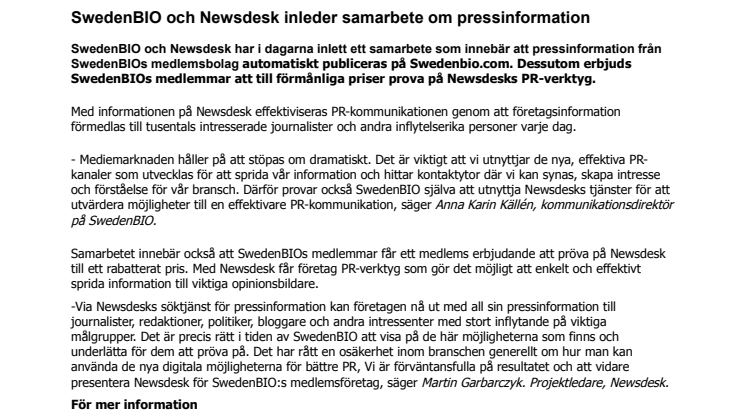 SwedenBIO och Newsdesk inleder samarbete om pressinformation 