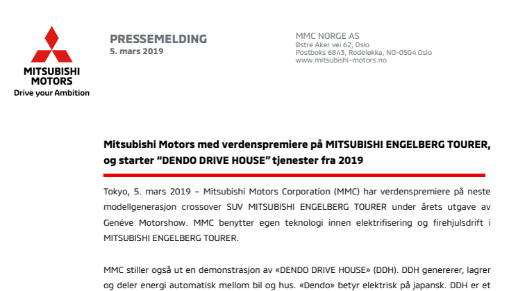 Mitsubishi Motors med verdenspremiere på MITSUBISHI ENGELBERG TOURER, og starter “DENDO DRIVE HOUSE” tjenester fra 2019