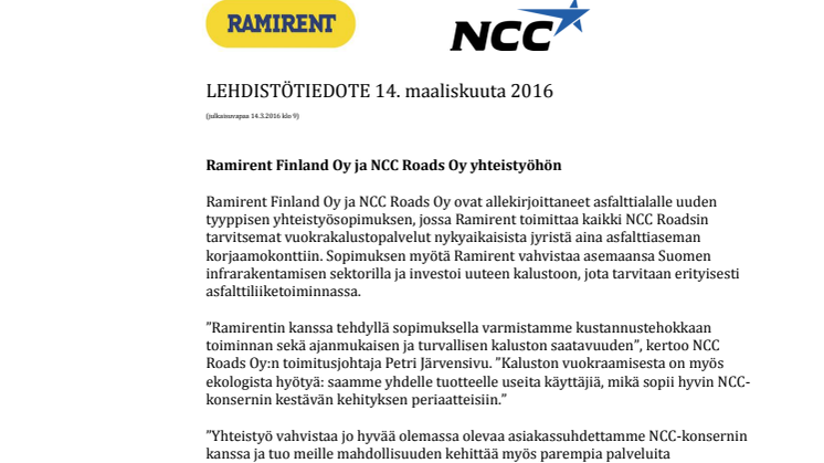 Ramirent Finland Oy ja NCC Roads Oy yhteistyöhön