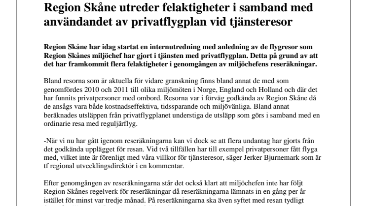 Pressmeddelande - Region Skåne utreder felaktigheter i samband med användandet av privatflygplan vid tjänsteresor