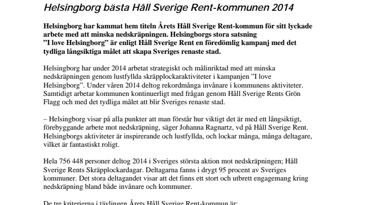 Helsingborg bästa Håll Sverige Rent-kommunen 2014