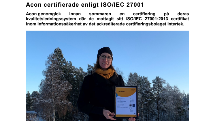 Acon certifierade enligt ISO/IEC 27001