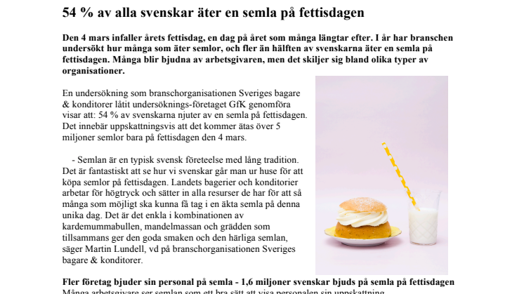 54 % av alla svenskar äter en semla på fettisdagen