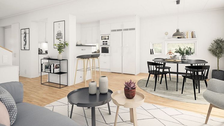 Brf Genvägen - 3D-bild av kök och vardagsrum