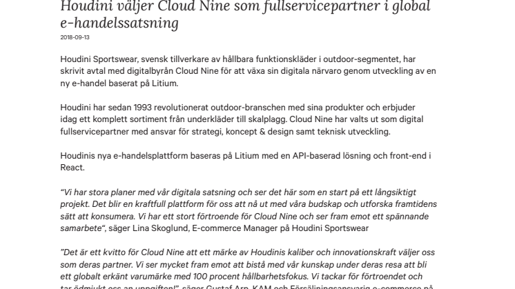 Houdini väljer Cloud Nine som fullservicepartner i global e-handelssatsning