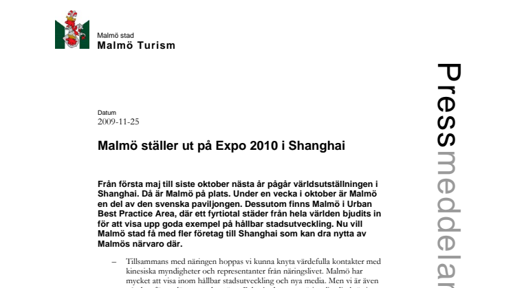 Malmö ställer ut på Expo 2010 i Shanghai