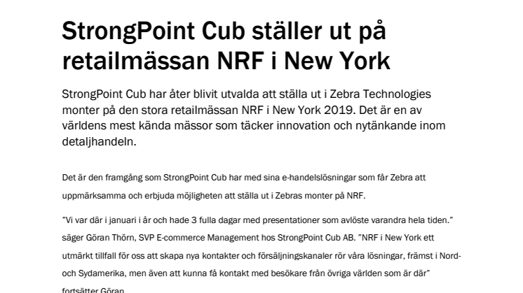 StrongPoint Cub ställer ut på retailmässan NRF i New York