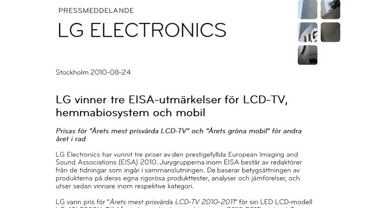 LG vinner tre EISA-utmärkelser för LCD-TV, hemmabiosystem och mobil