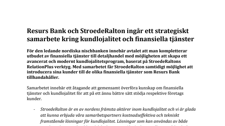 Resurs Bank och StroedeRalton ingår ett strategiskt samarbete kring kundlojalitet och finansiella tjänster