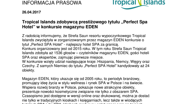 Tropical Islands zdobywcą prestiżowego tytułu „Perfect Spa Hotel” w konkursie magazynu EDEN