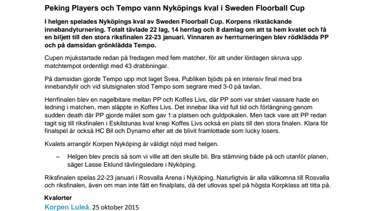 Peking Players och Tempo vann Nyköpings kval i Sweden Floorball Cup