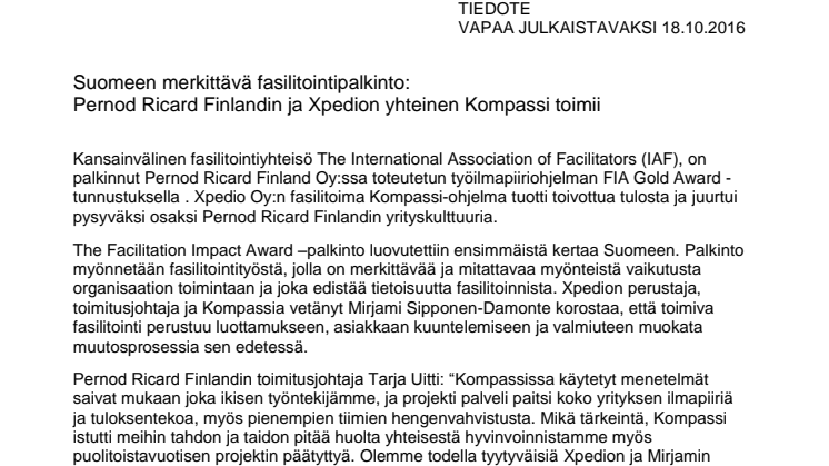 Suomeen merkittävä fasilitointipalkinto:  Pernod Ricard Finlandin ja Xpedion yhteinen Kompassi toimii