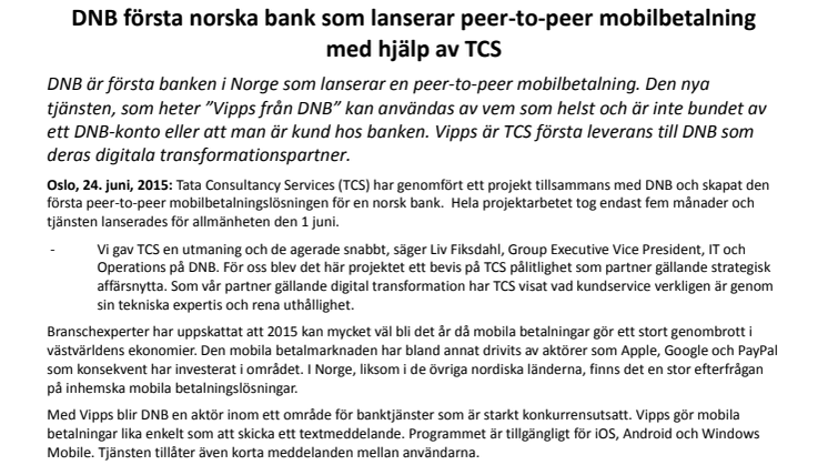 DNB första norska bank som lanserar peer-to-peer mobilbetalning med hjälp av TCS