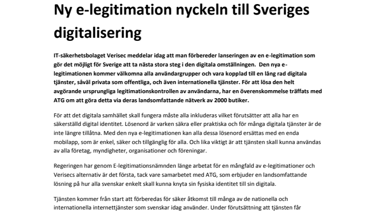 Ny e-legitimation nyckeln till Sveriges digitalisering