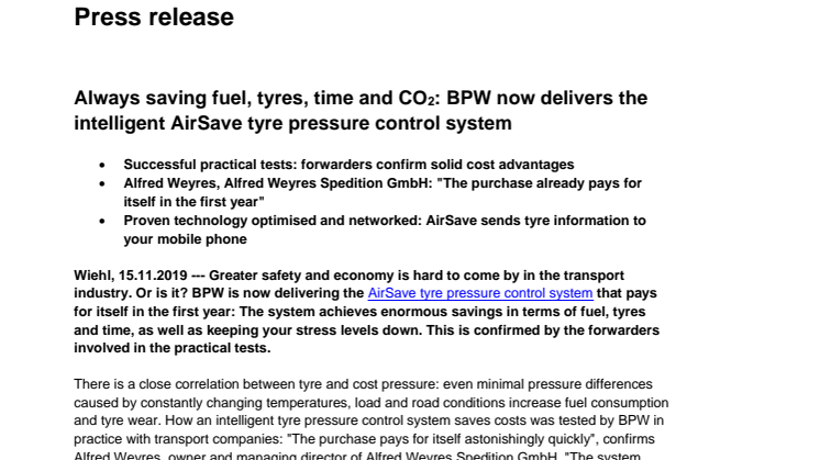 Always saving fuel, tyres, time and CO2: BPW now delivers the intelligent AirSave tyre pressure control system