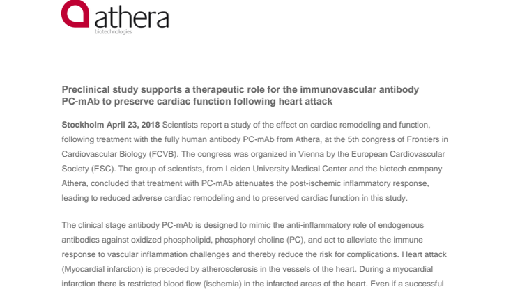 Preclinical study supports a therapeutic role for the immunovascular antibody PC-mAb to preserve cardiac function following heart attack