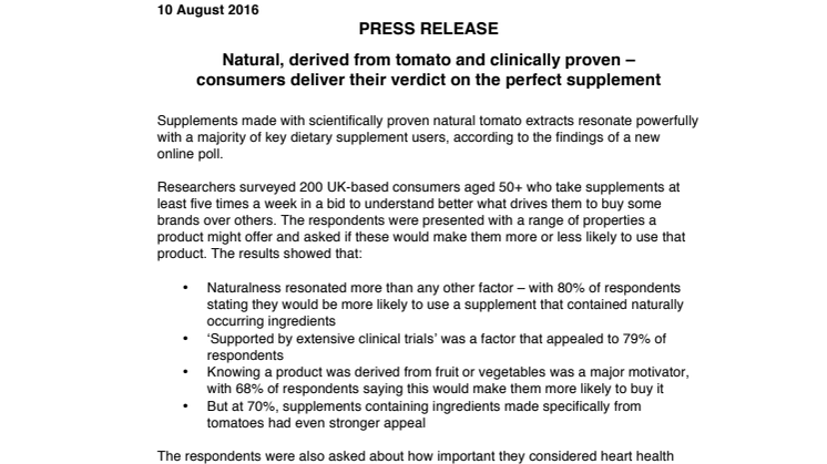 Press release: Natural, derived from tomato and clinically proven –  consumers deliver their verdict on the perfect supplement