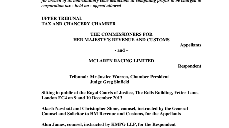 HMRC vs McLaren Racing - Upper Tribunal ruling