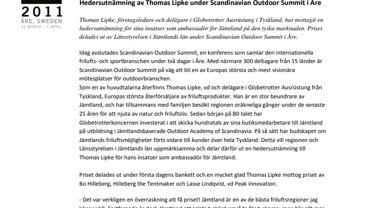 Hedersutnämning av Thomas Lipke under Scandinavian Outdoor Summit i Åre