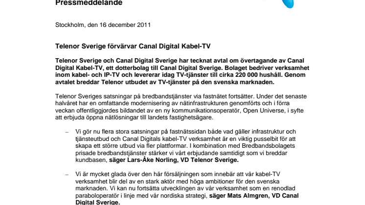 Telenor Sverige förvärvar Canal Digital Kabel-TV