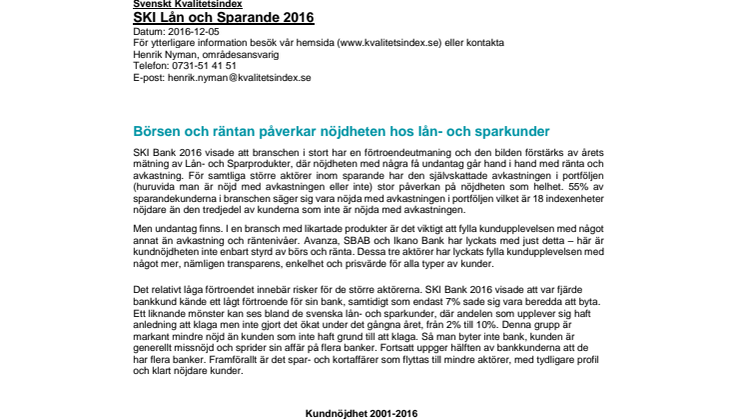 Svenskt Kvalitetsindex om Lån & Sparande 2016