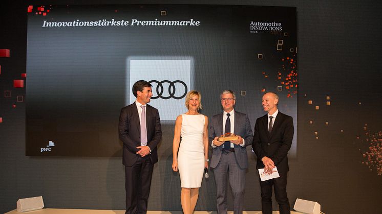 Award winner Rupert Stadler, Chairman of the Board Management of AUDI AG with Stefan Bratzel, Direktor Center of Automotive Management (right), ZDF-Moderator Barbara Hahlweg (middle) and Felix Kuhnert, Global Automotive Advisory Leader at PwC (left)