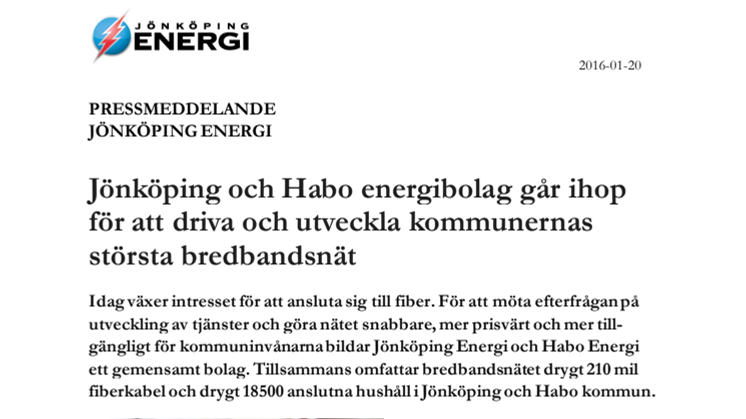 Jönköping och Habo energibolag går ihop för att driva och utveckla kommunernas största bredbandsnät
